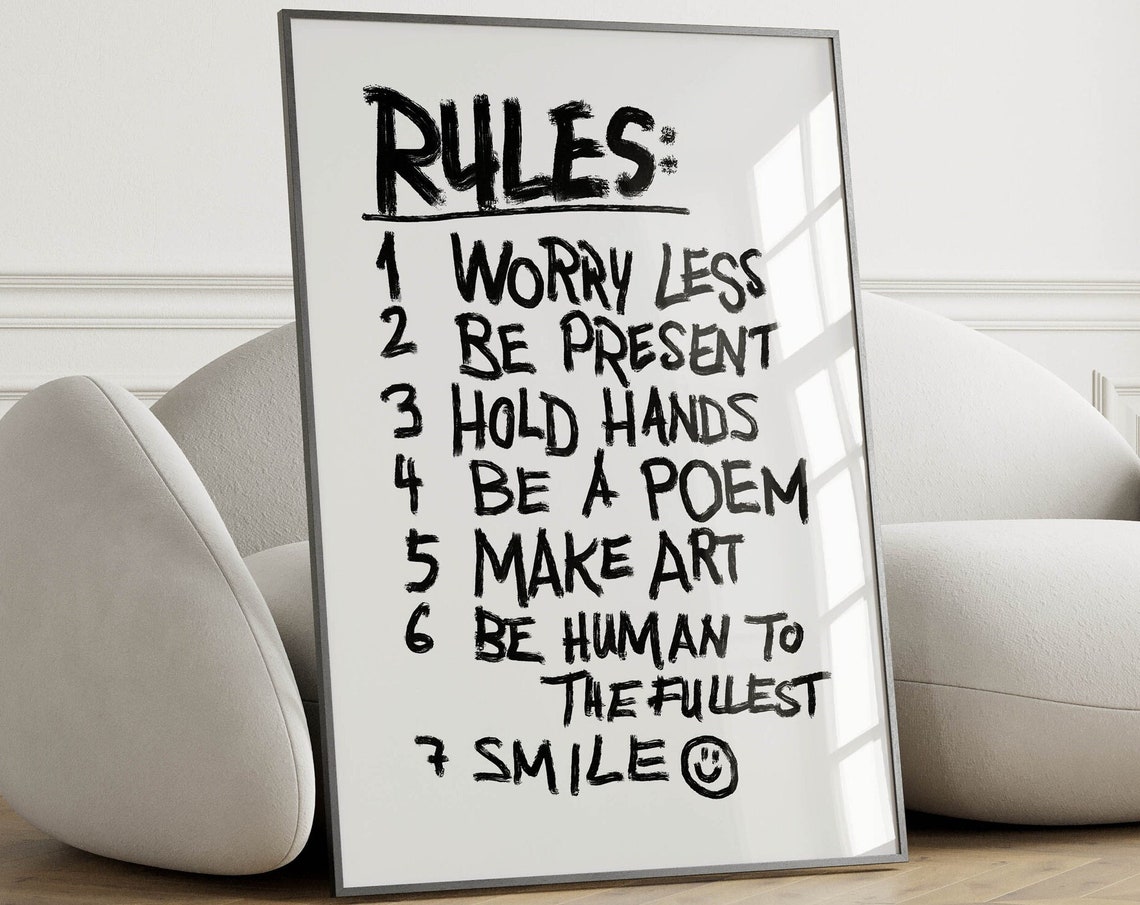 Rules Worry Less Be Present Hand Lettered Motivational Quote Poster
