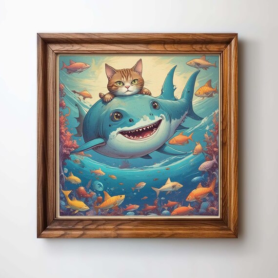 Cat Vs Shark, Vintage Painting Style Art Print