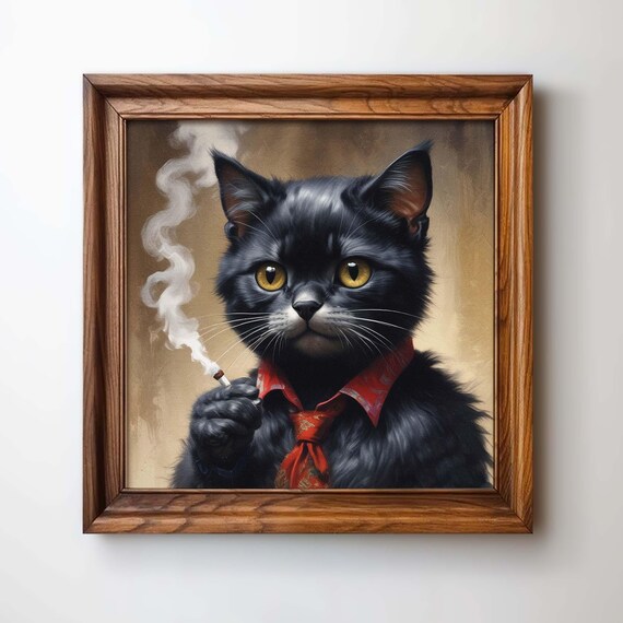Retro Smoking Black Cat Vintage Whimsical Art Print