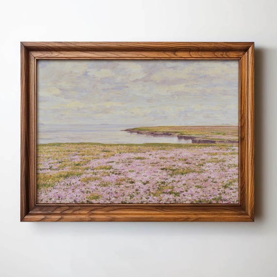 Vintage Seascape Floral Painting, Impressionist Coastal Art