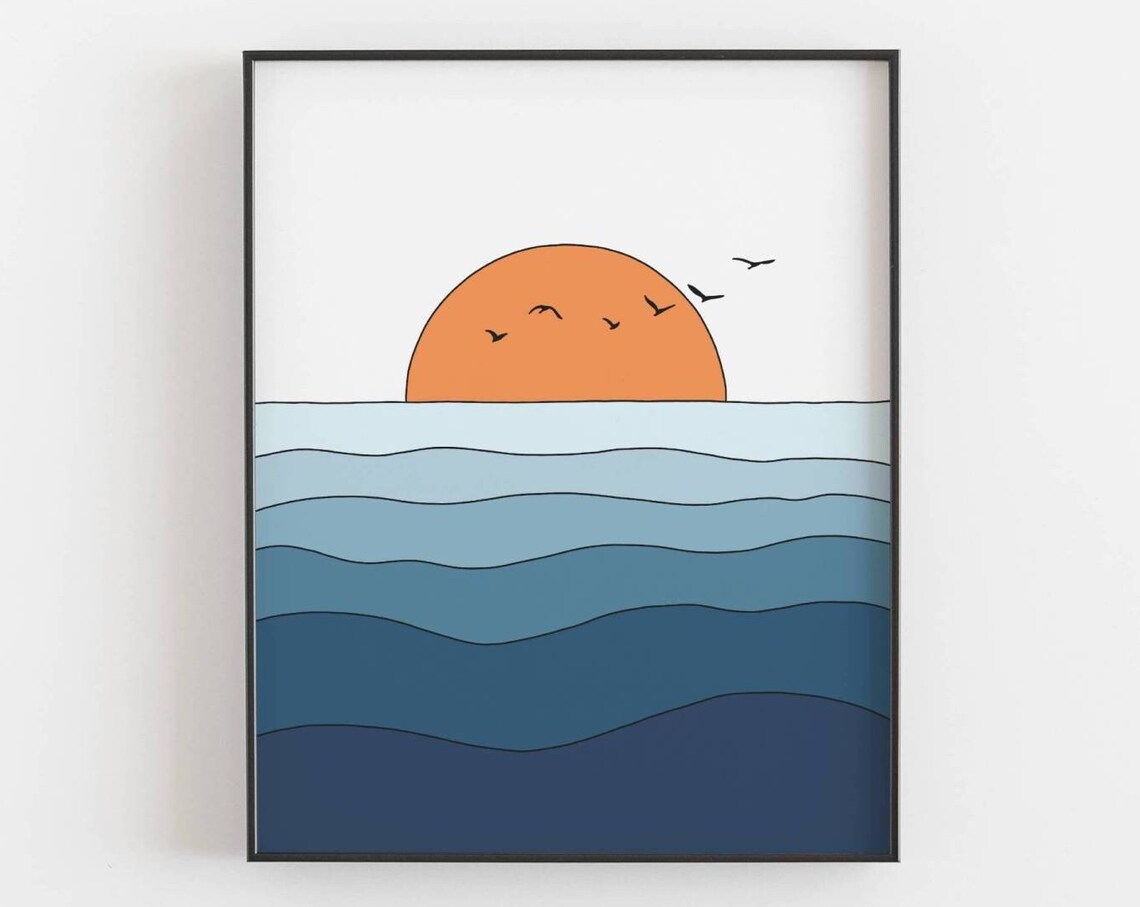 Sunset Ocean Poster, Mid-Century Abstract Landscape
