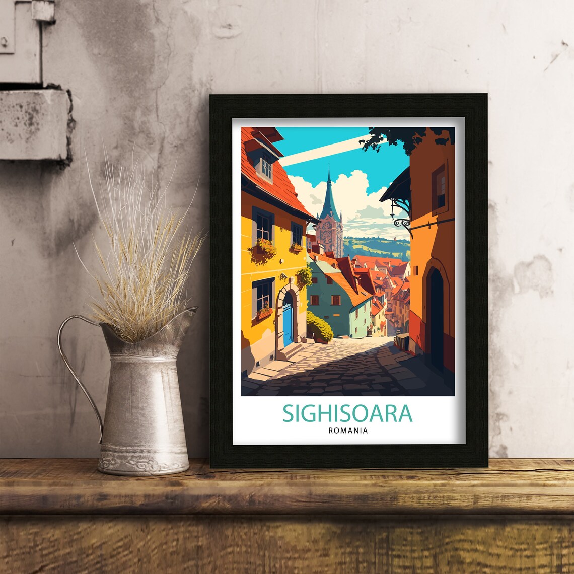 Sighisoara Romania Medieval Old Town Travel Poster Cobblestone Art - Image 3