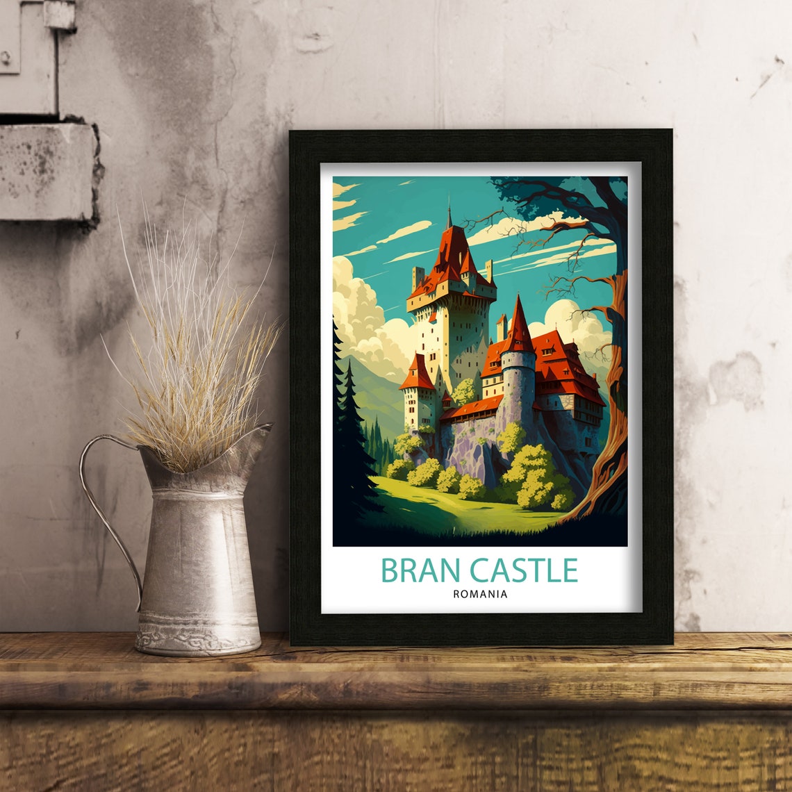 Bran Castle Romania Red Roofed Fortress Forest Hillside Art Poster - Image 3