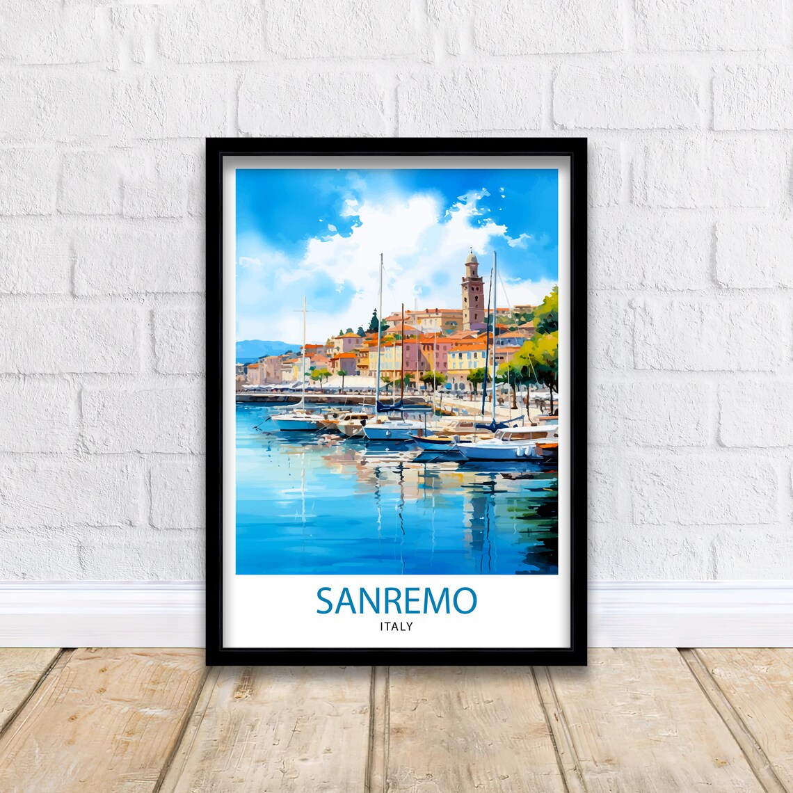 Sanremo Italy Watercolor Harbor Bell Tower Sailing Boats Art Poster - Image 2
