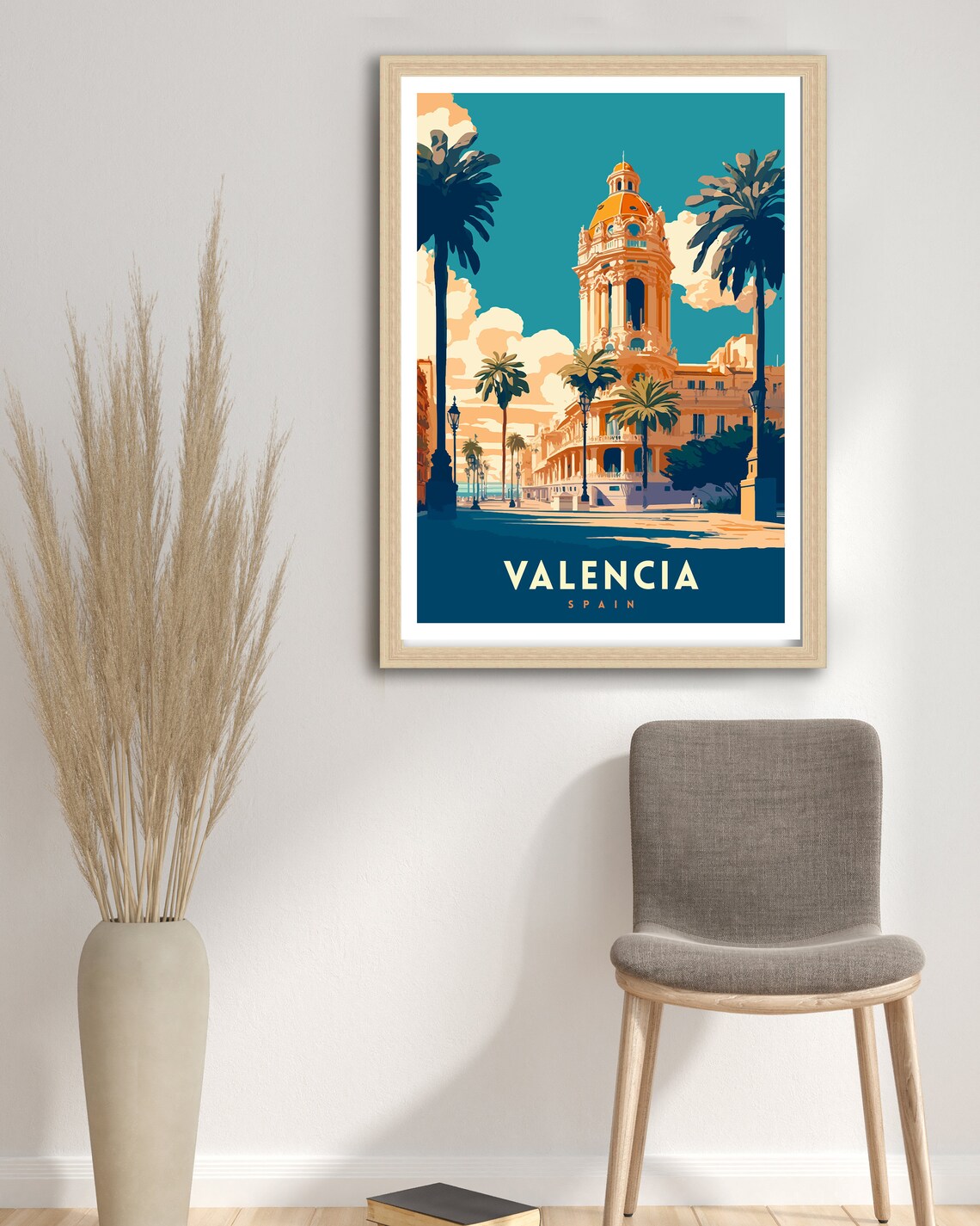 Valencia Spain Domed Palace Palm Avenue Orange Glow City Travel Poster - Image 3