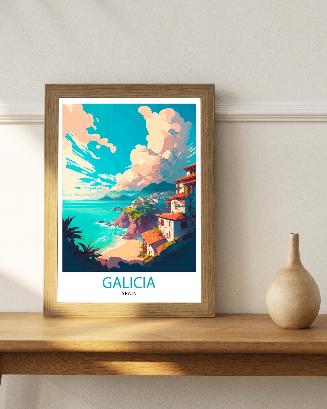 Galicia Spain Turquoise Coast Cliffside Village Travel Poster - Image 3