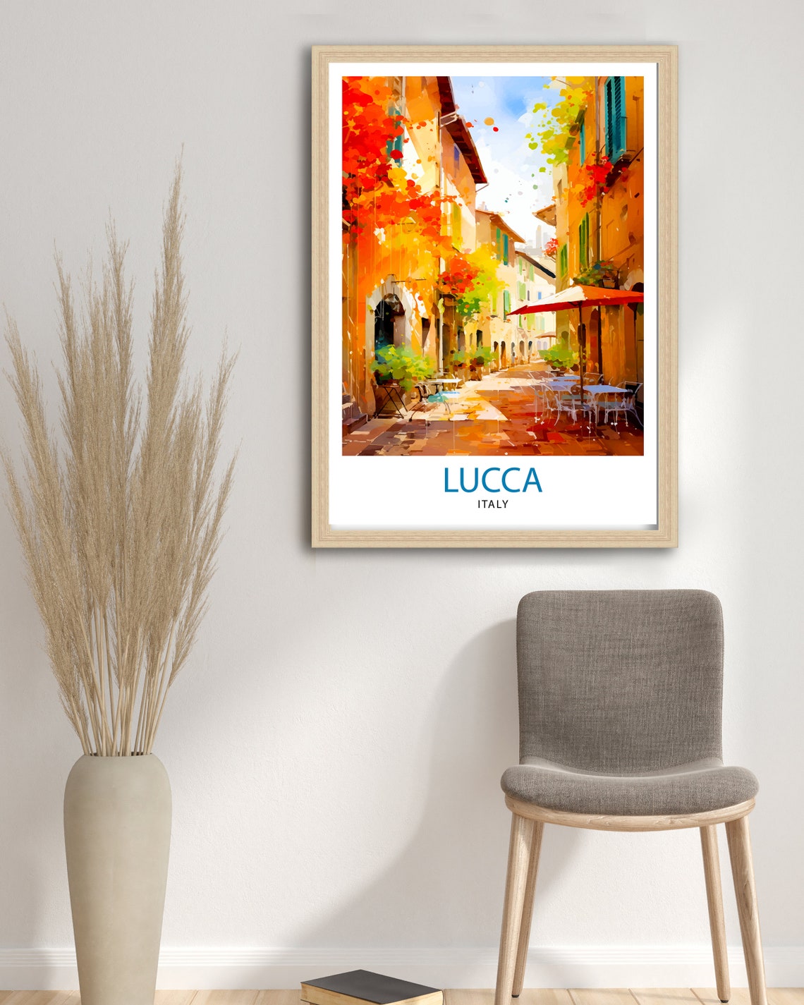 Lucca Italy Sunlit Old Town Street Cafe Watercolor Art Poster - Image 2