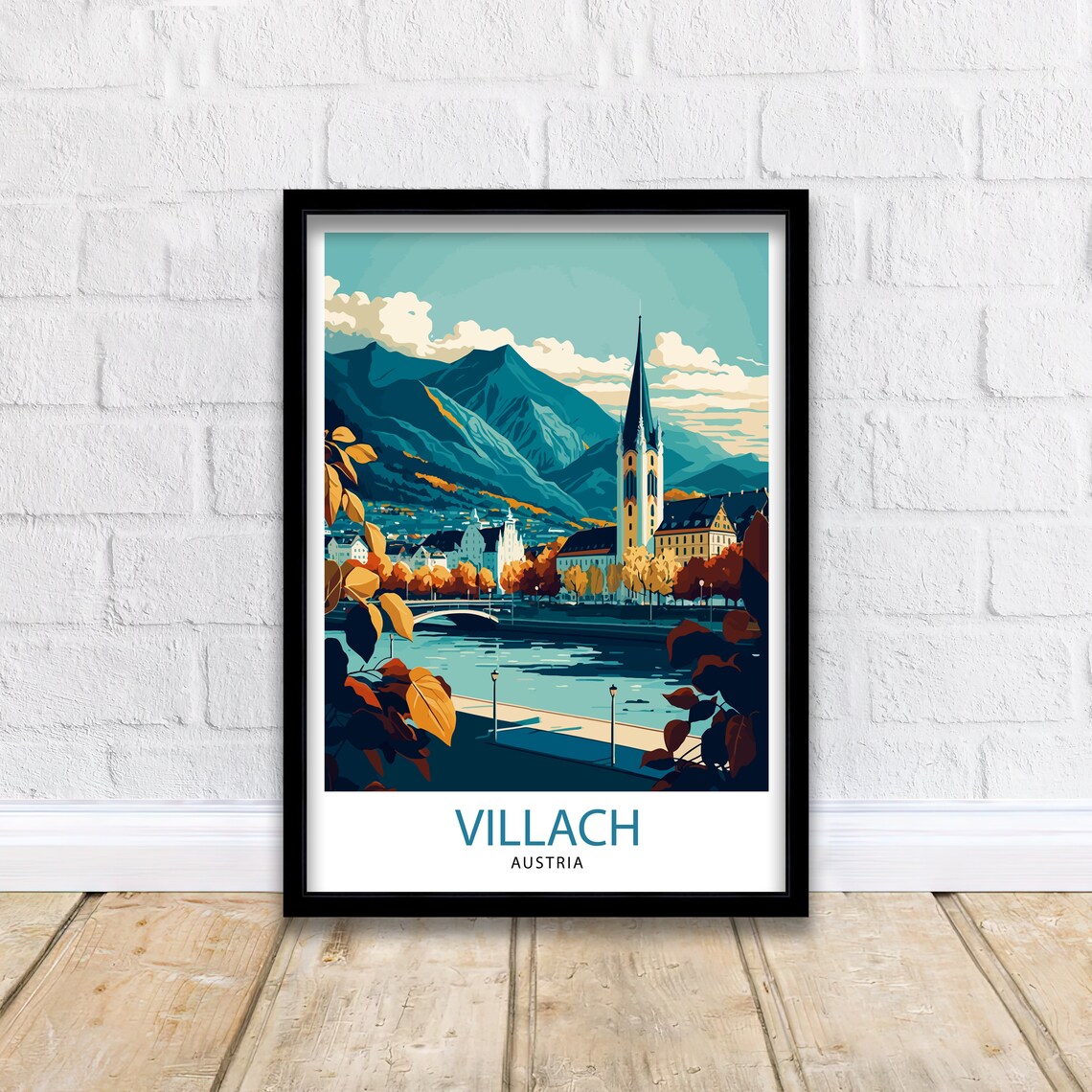 Villach Austria Riverside Church Spire Autumn Vintage Travel Poster - Image 2
