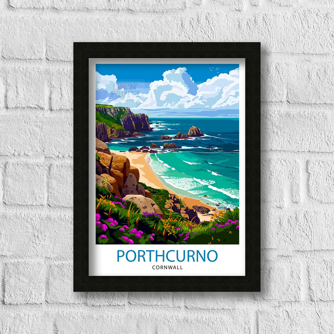 Porthcurno Cornwall Clifftop Flowers Beach Cove Coast Scenic Poster - Image 3