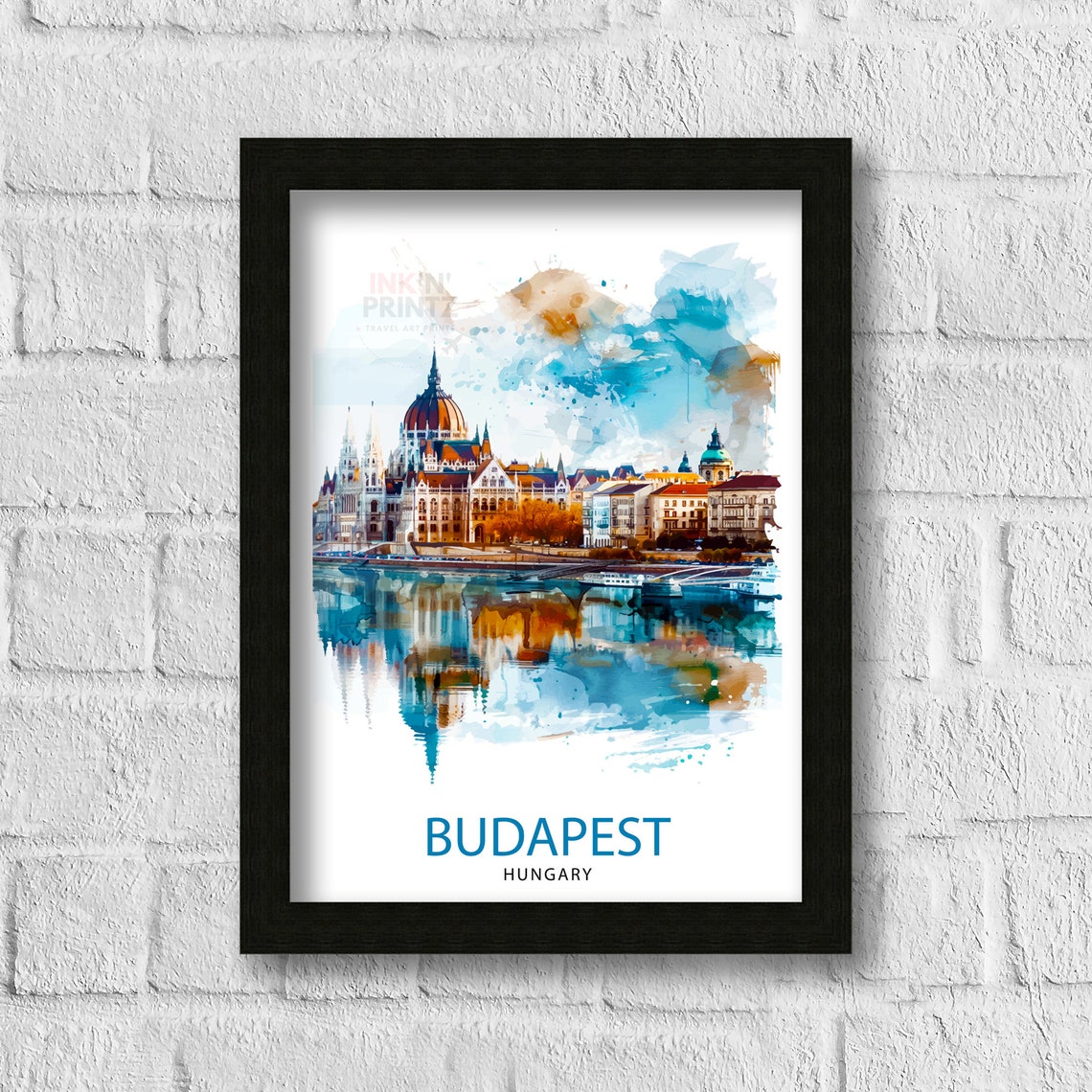 Budapest Hungary Parliament Riverside Watercolor Travel Art Poster - Image 3
