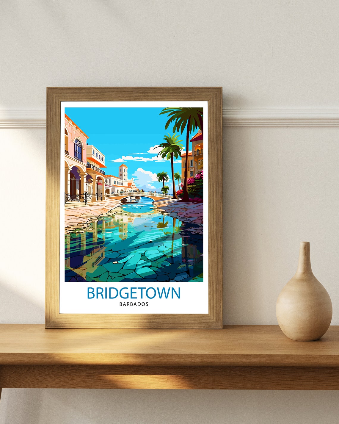Bridgetown Barbados Historic Canal Bridge Palm Trees Cityscape Poster - Image 2