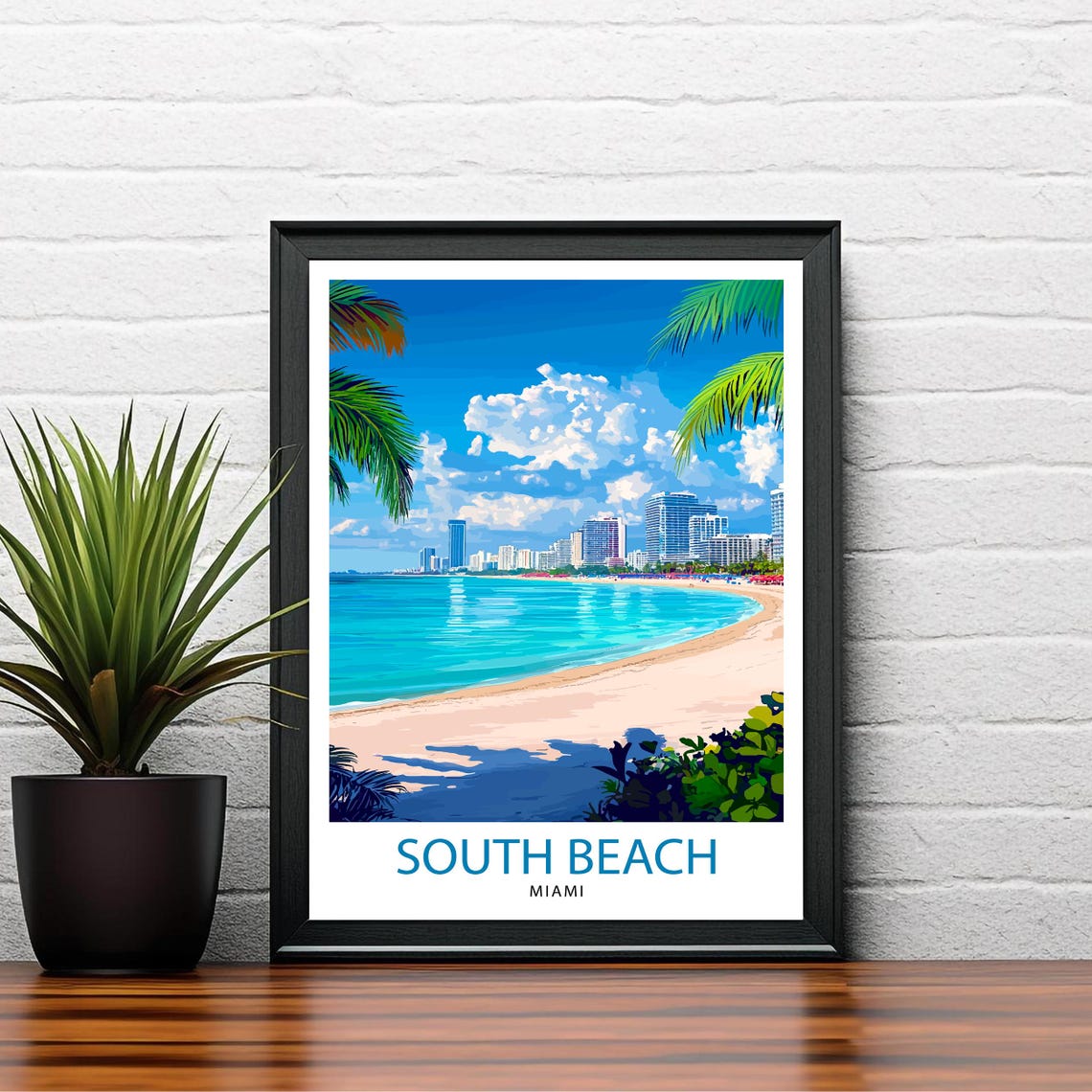 South Beach Miami Florida Palm Trees Skyline Ocean View Poster - Image 2