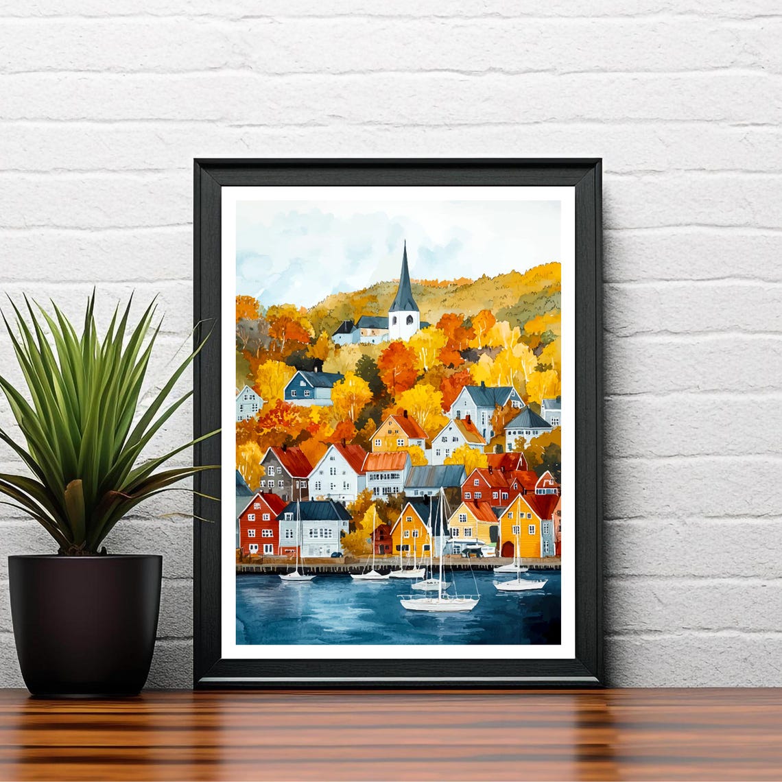 Trondheim Norway Watercolor Autumn Harbor Town Church Poster - Image 2