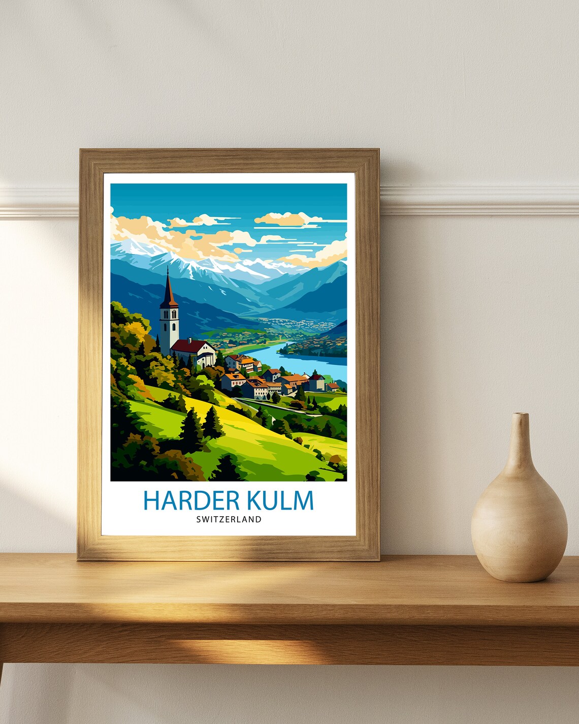 Harder Kulm Switzerland Alpine Lake Church View Travel Poster - Image 3