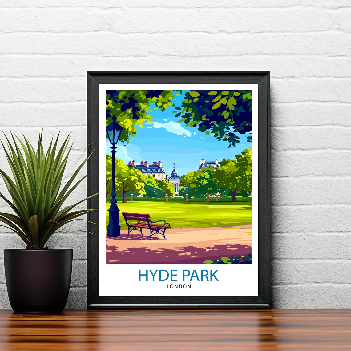 Hyde Park London Bench Lamp Post Green Lawn Vintage Travel Poster - Image 2