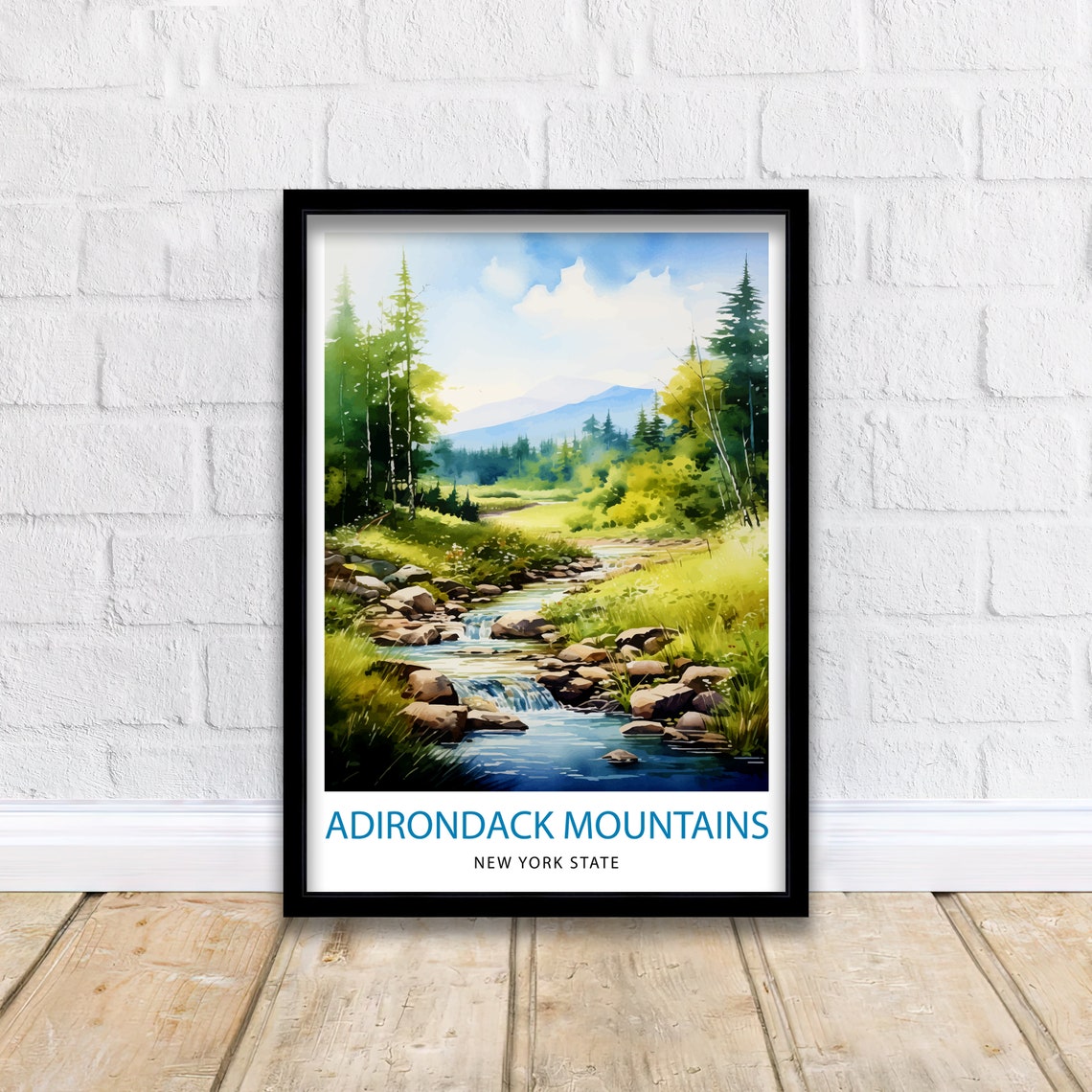 Adirondack Mountains New York Watercolor Stream Forest Scene Poster - Image 2