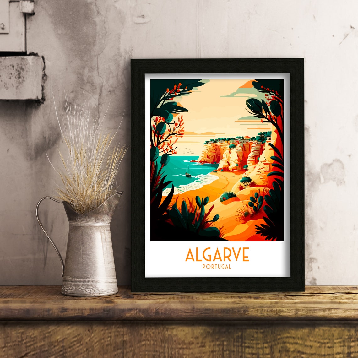 Algarve Portugal Golden Cliffs Beach Retro Travel Art Poster - Image 3