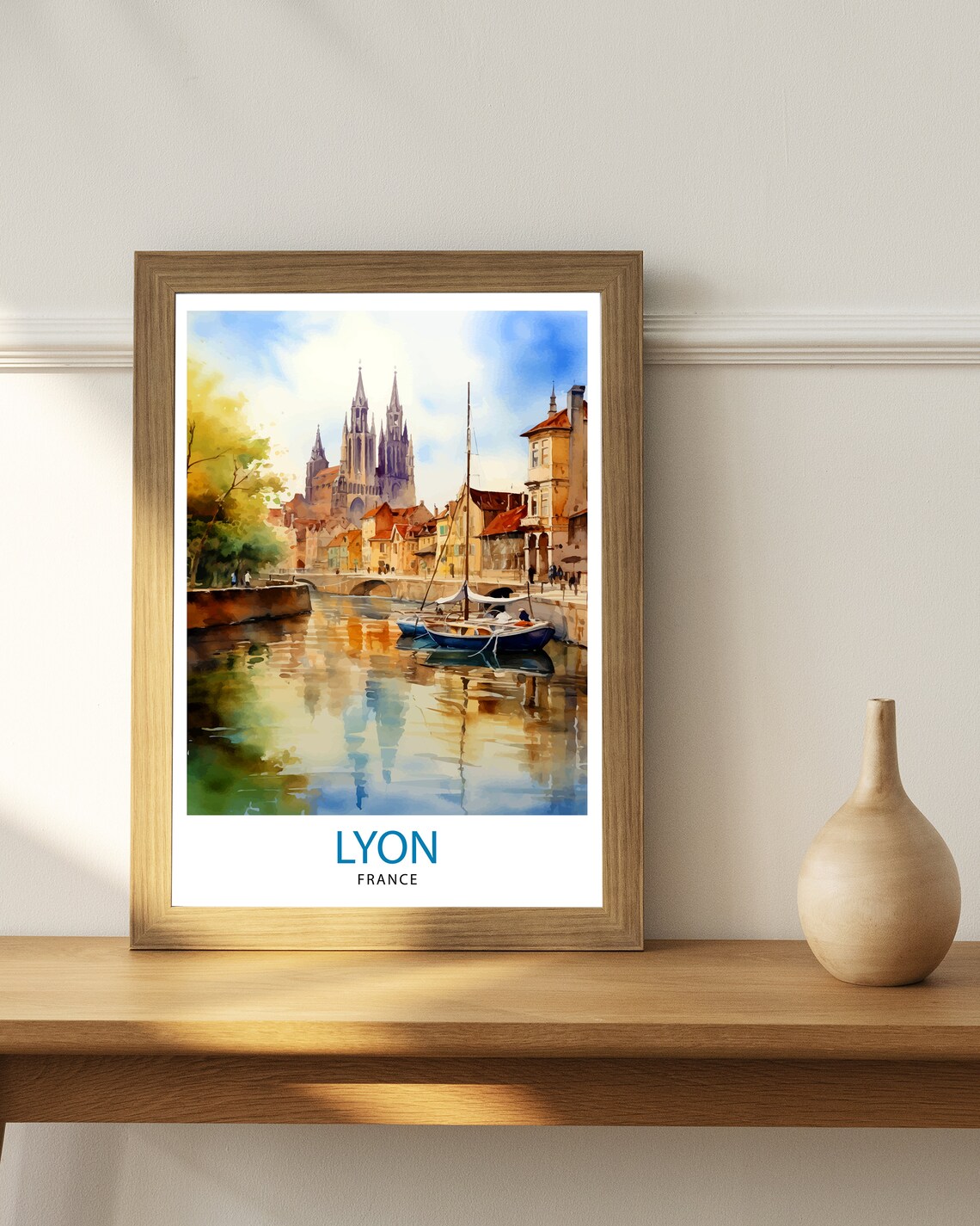 Lyon France Watercolor Cathedral Riverside Boats Old Town Poster - Image 3