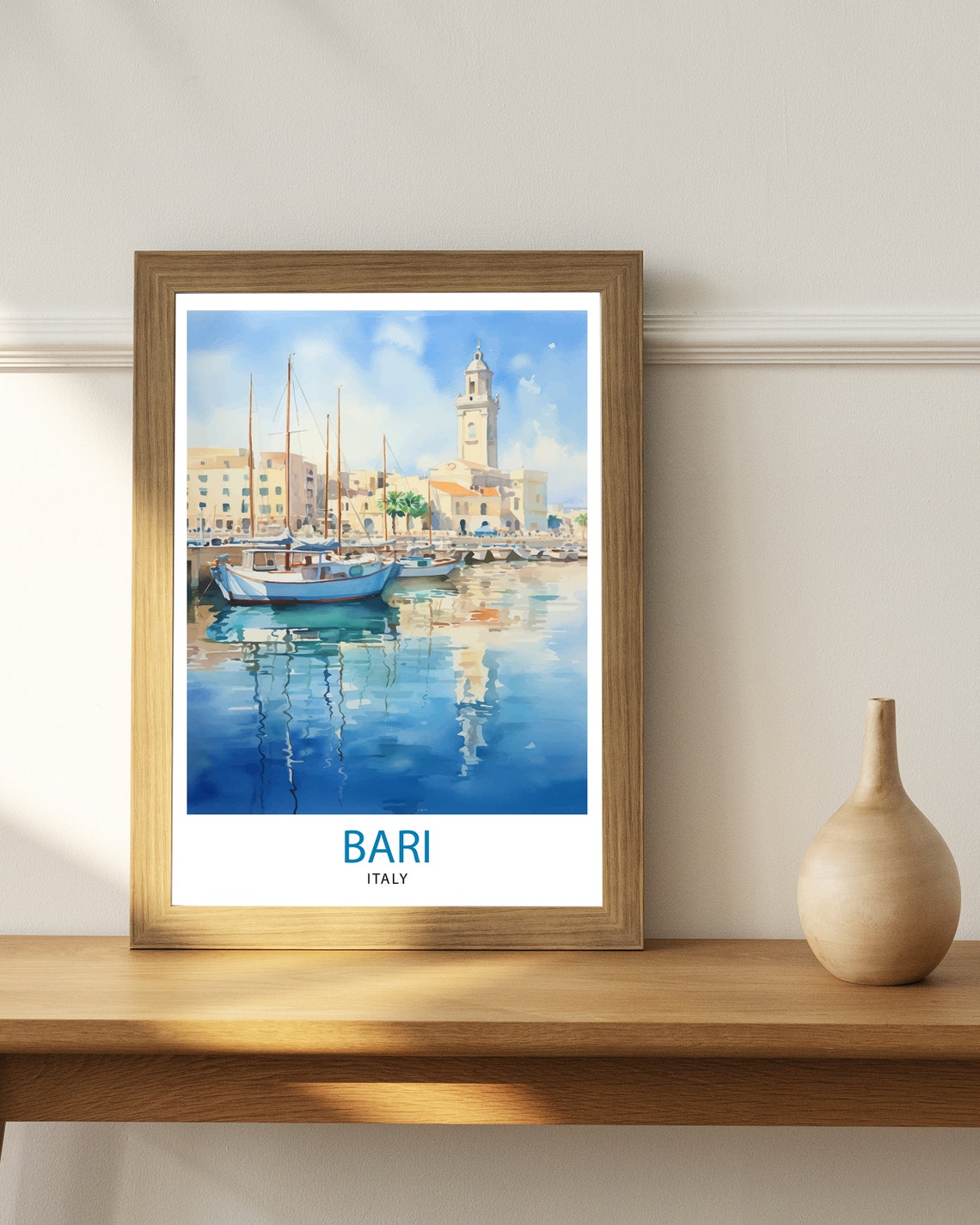 Bari Italy Harbor Sailboats Bell Tower Sunny Waterfront Poster - Image 2
