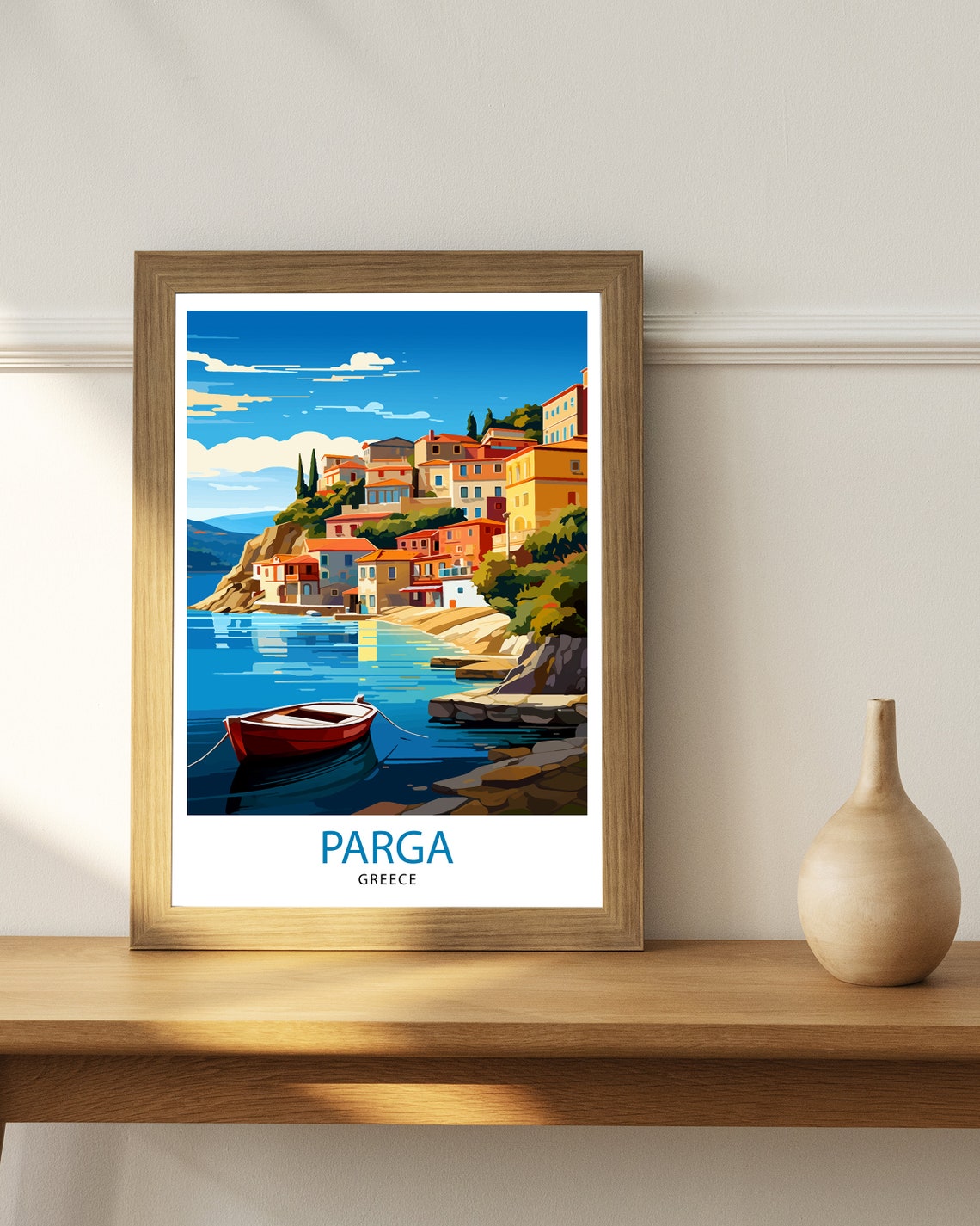 Parga Greece Colorful Harbor Town Hillside Red Boat Travel Poster - Image 3