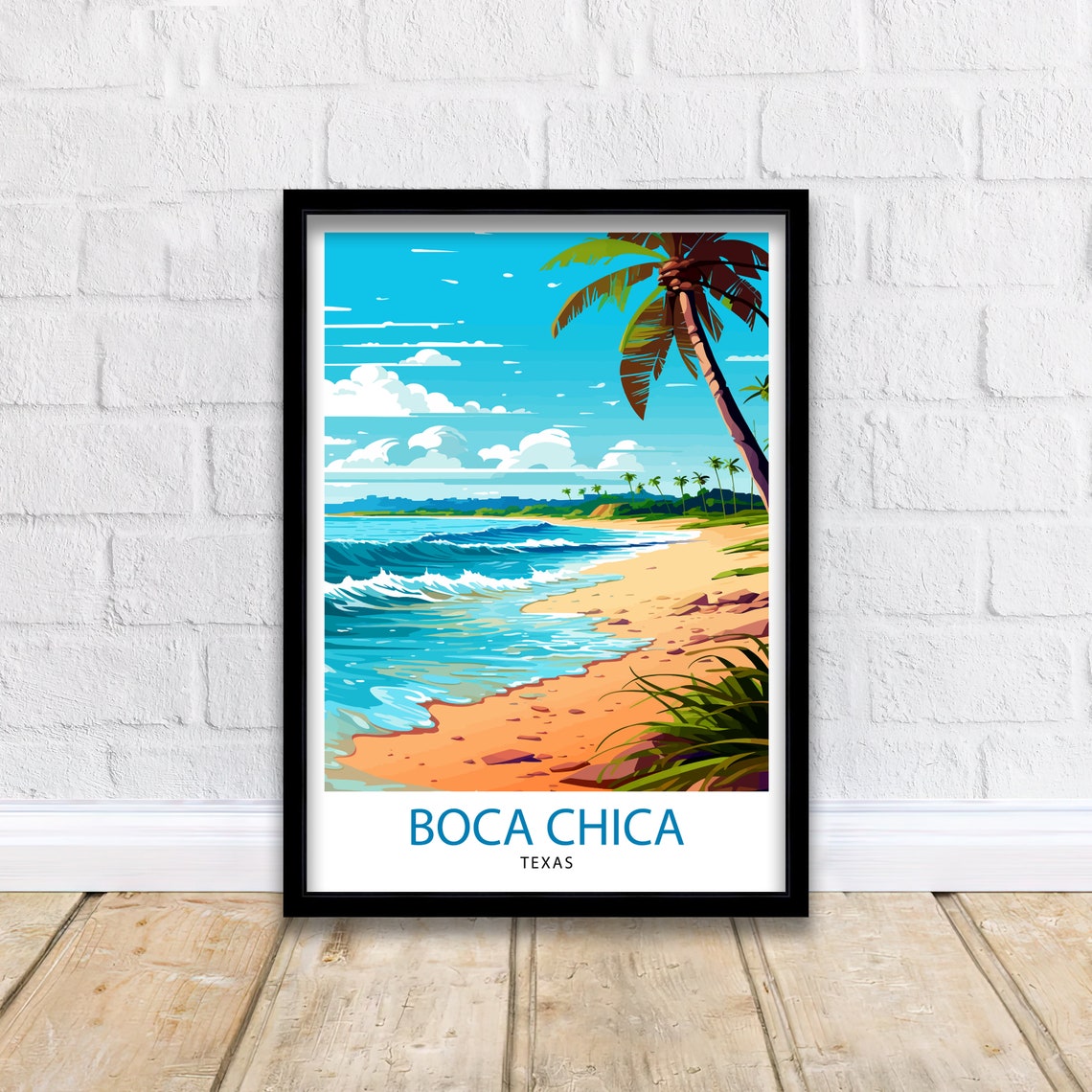 Boca Chica Texas Rolling Surf Waves Leaning Palm Shore Poster - Image 2