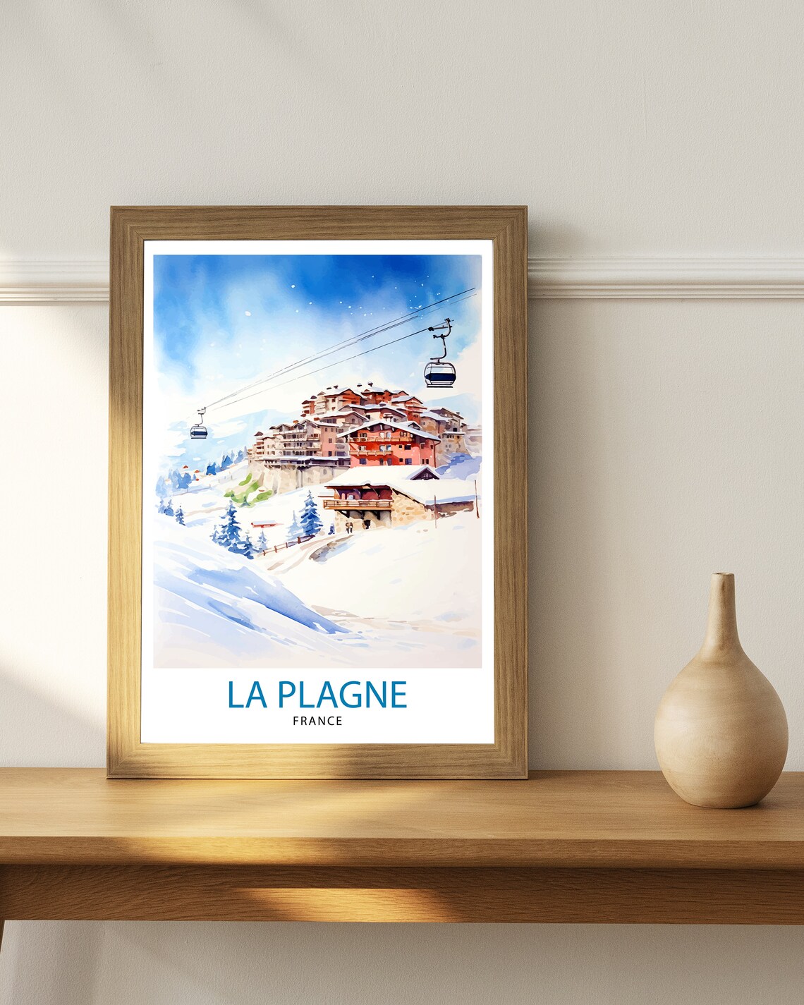 La Plagne France Watercolor Ski Resort Gondola Chalet Snow Art Poster - Image 3