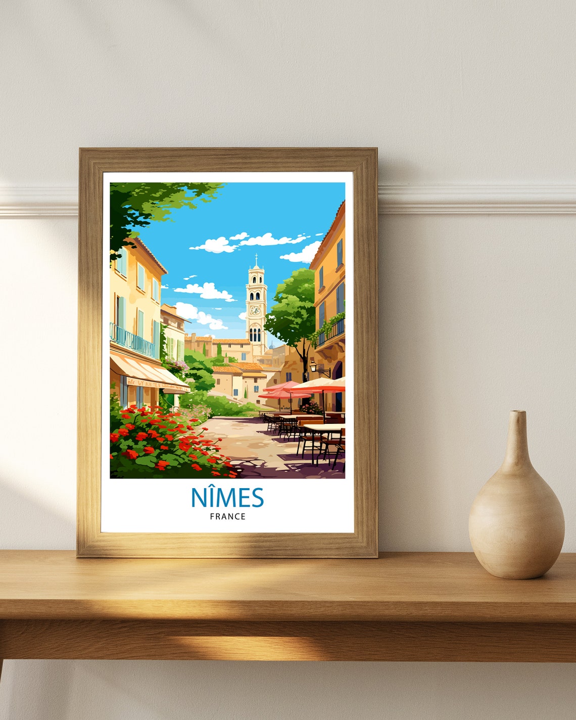 Nimes France Sunny Old Square Clock Tower Cafes Flowers Poster - Image 3