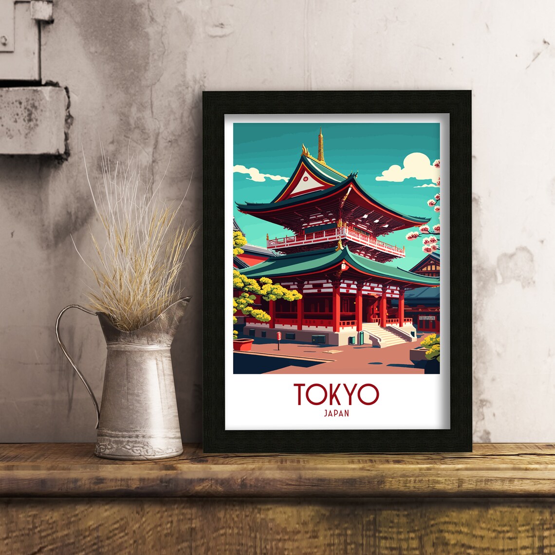 Tokyo Japan Travel Poster Red Pagoda Temple Cherry Blossom Art - Image 3