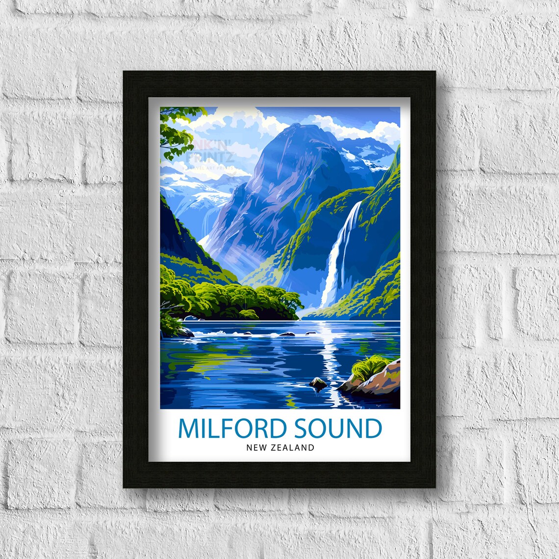 Milford Sound New Zealand Travel Poster, Travel Poster - Image 3