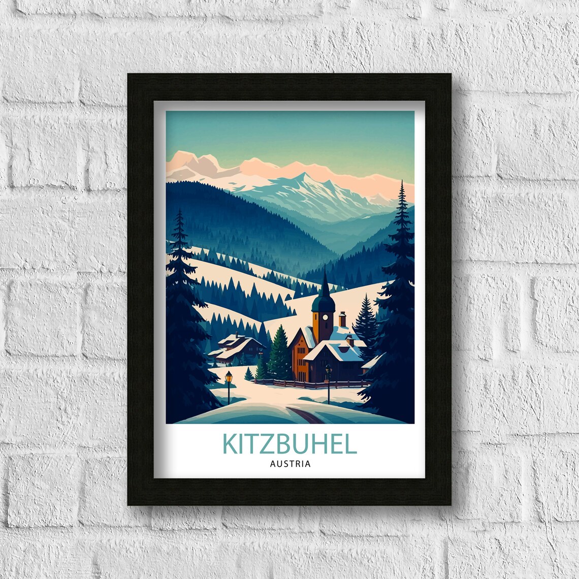 Kitzbuhel Austria Snowy Alpine Village Church Winter Scene Poster - Image 3
