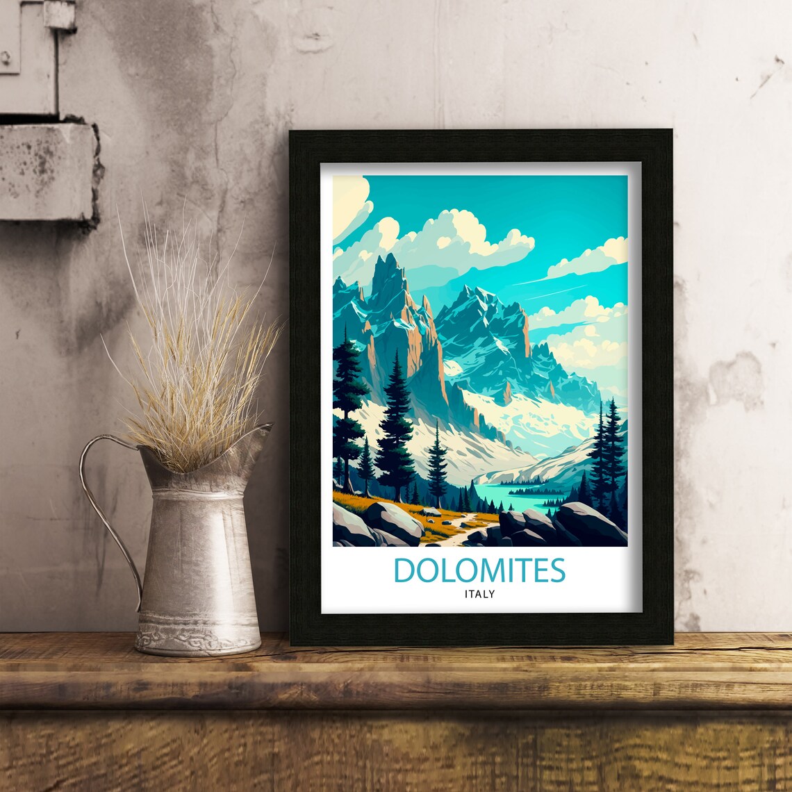 Dolomites Italy Snowy Peaks Alpine Lake Mountain Travel Poster - Image 2