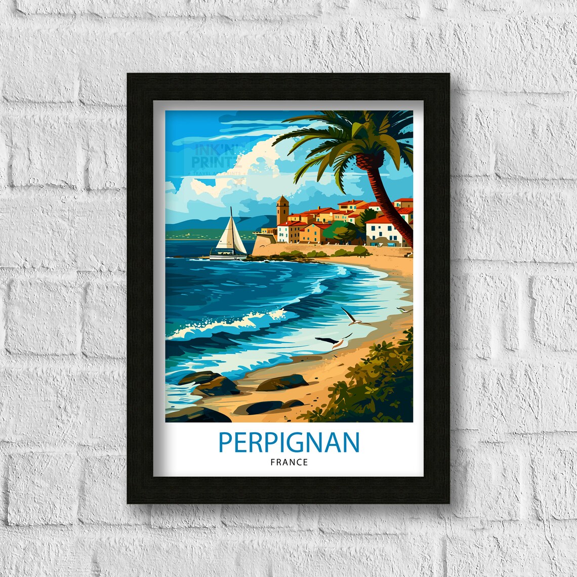 Perpignan France Coastal Town Palm Beach Sailboat Southern France Poster - Image 3