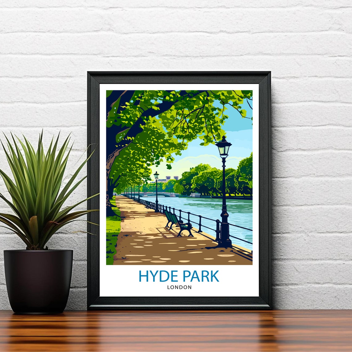 Hyde Park London Riverside Path Benches Lamps Vintage Travel Poster - Image 2