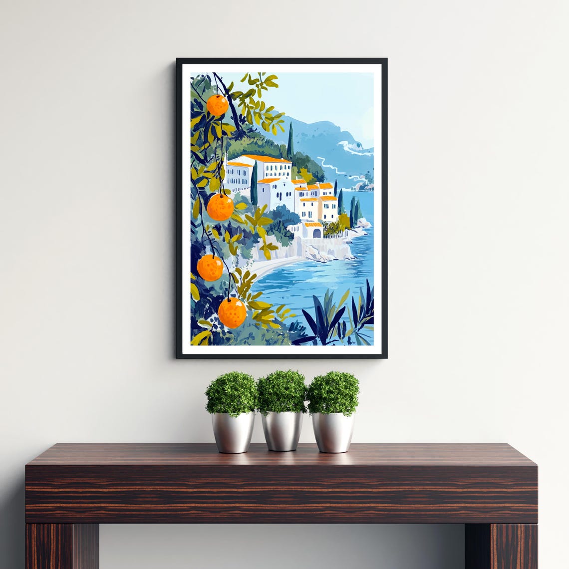 Sardinia Italy Whitewashed Coastal Town Orange Trees Sea Art Poster - Image 3