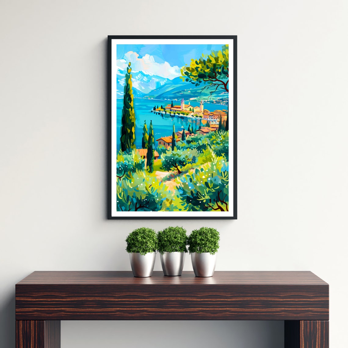 Lake Garda Italy Travel Print Blue Water Cypress Hillside View Art - Image 3