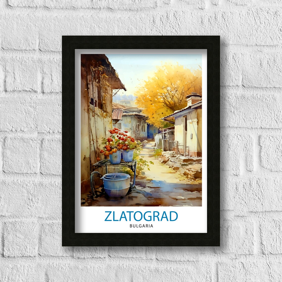 Zlatograd Bulgaria Sunny Watercolor Flower Alley Old Town Poster - Image 3