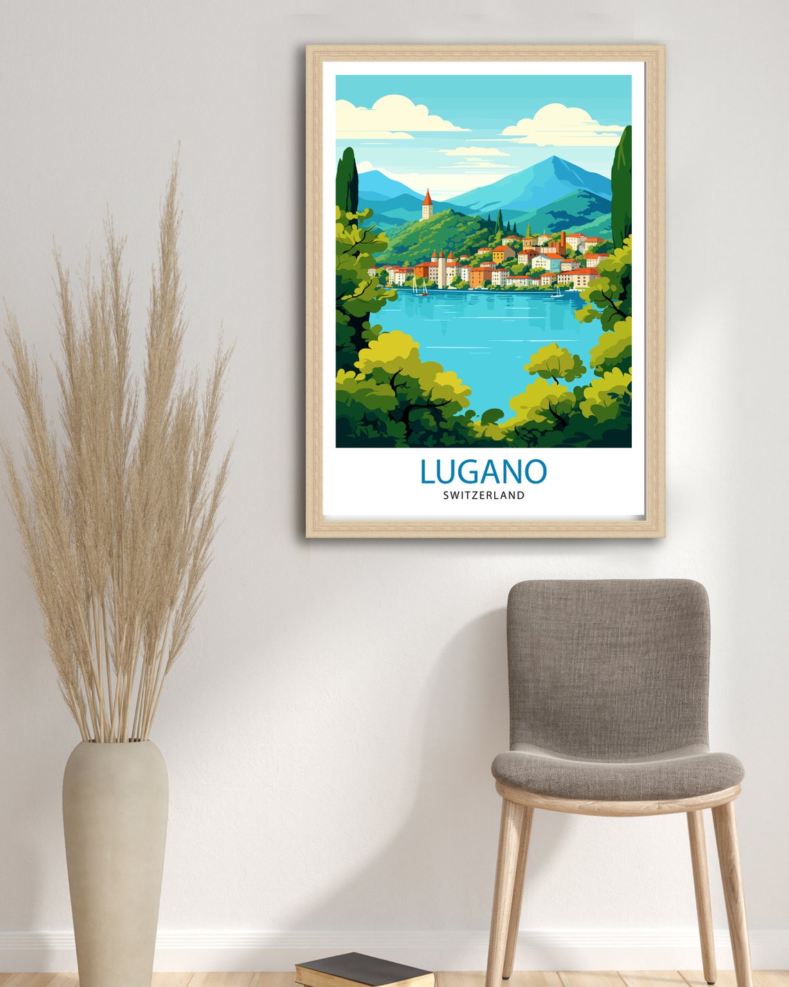 Lugano Switzerland Print Lake Lugano Art Swiss Cityscape Poster Ticino Region Wall Decor Alpine Lake Illustration Swiss Italian Charm - Image 2