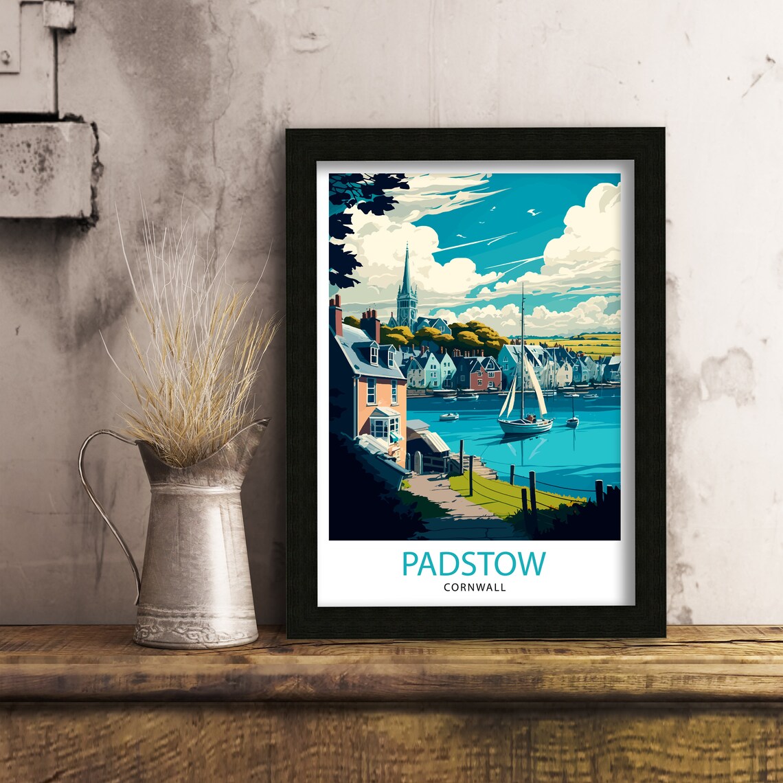 Padstow Cornwall Harbor Sailboats Church Spire Blue Sky Travel Poster - Image 3