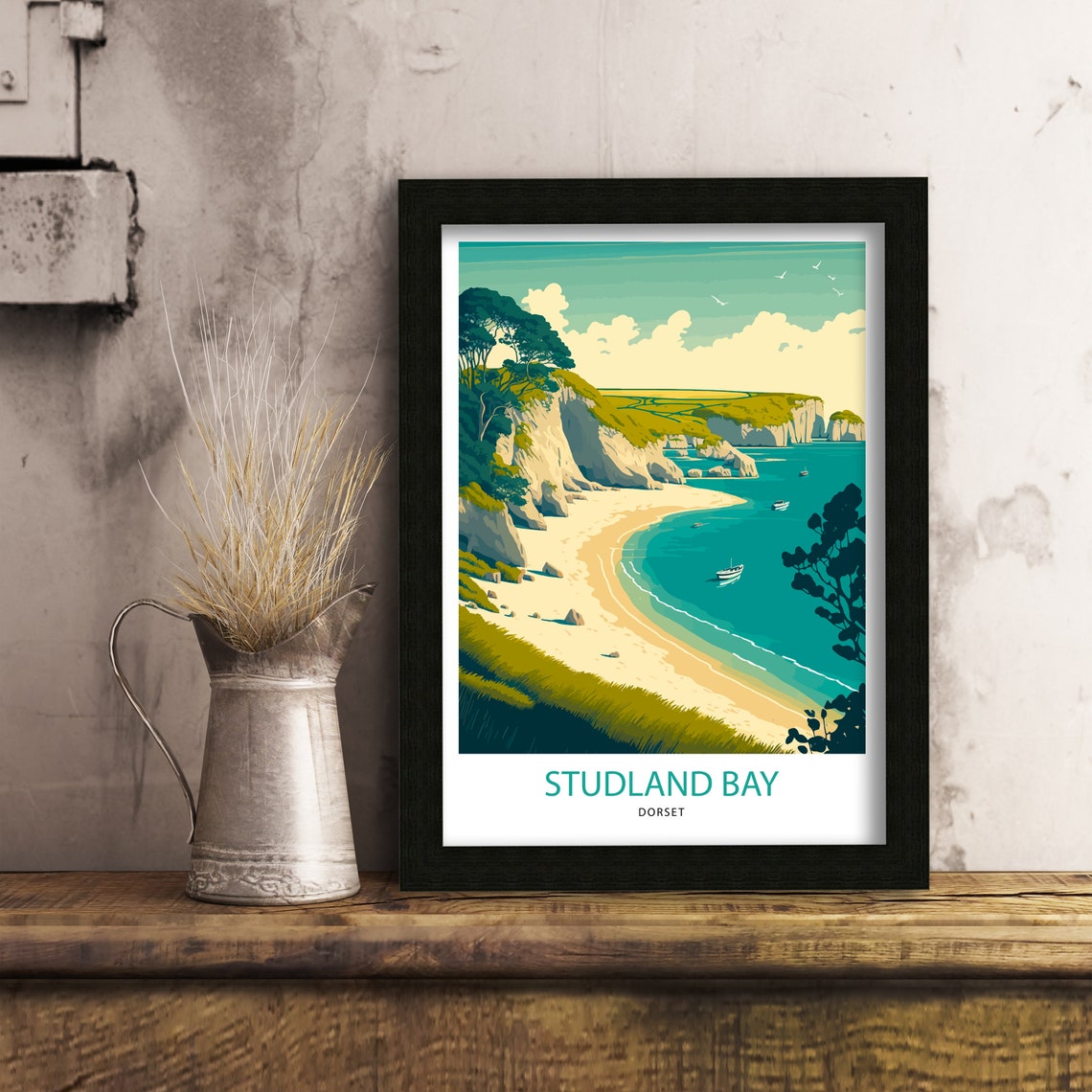 Studland Bay Dorset Crescent Beach White Cliffs Retro Travel Poster - Image 3