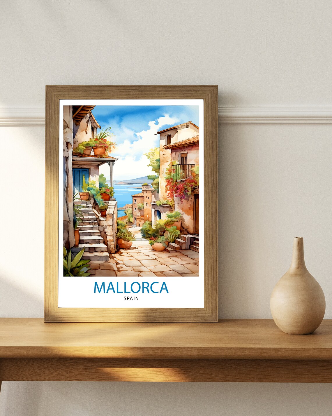 Mallorca Spain Watercolor Village Street Seaside Charm Travel Poster - Image 3