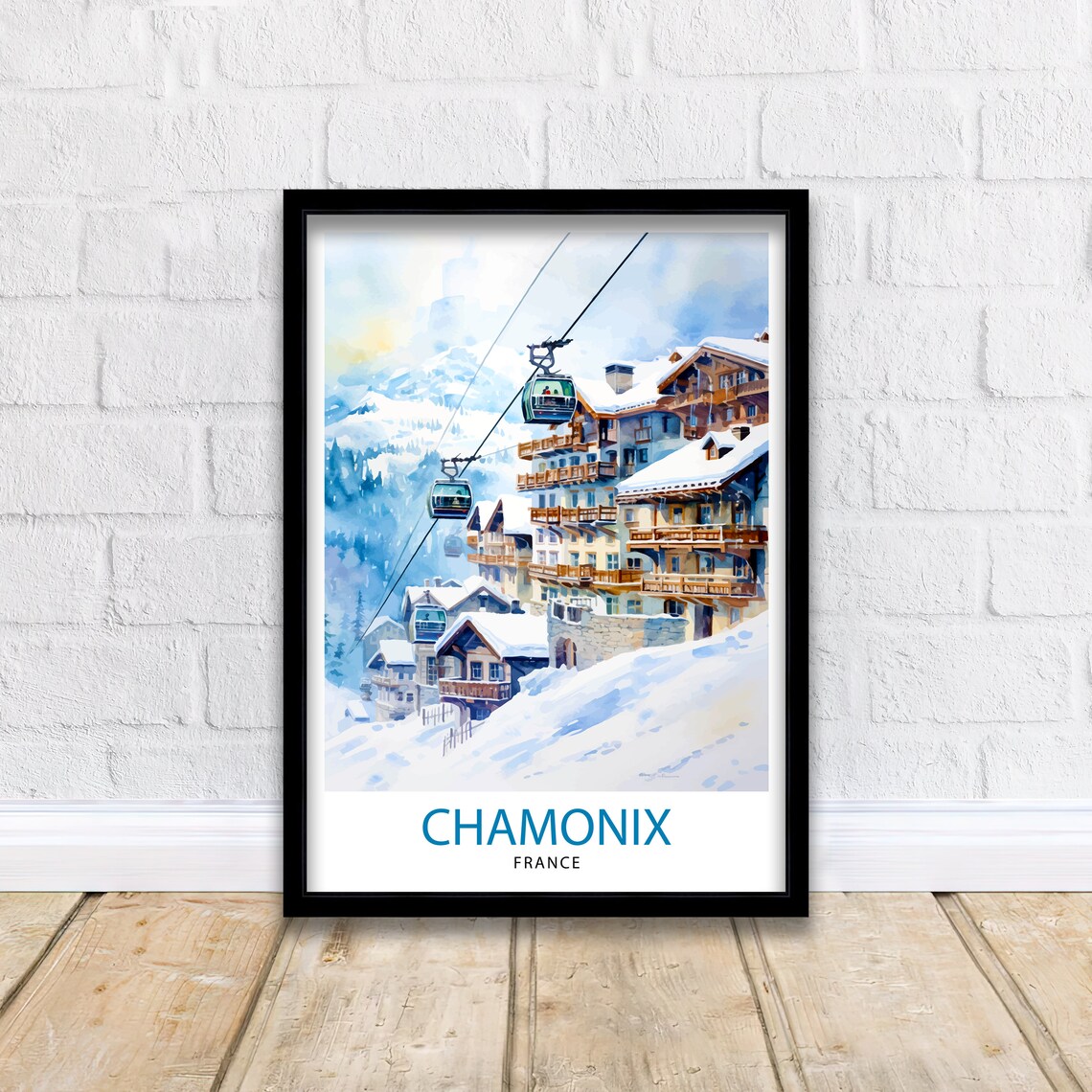 Chamonix France Gondola Lifts Snowy Chalets Watercolor Travel Poster - Image 2