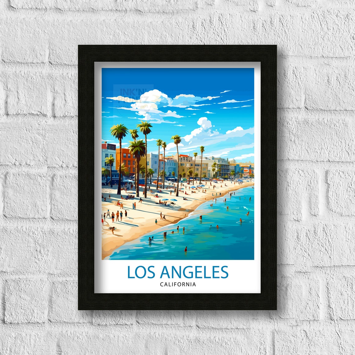 Los Angeles California Beach Palm Trees Crowded Shore Travel Poster - Image 3