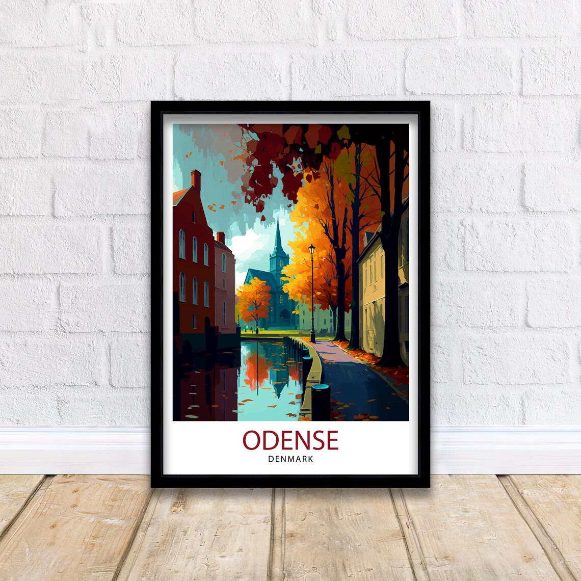 Odense Denmark Autumn Canal Street Church Tower Vintage Travel Poster - Image 2