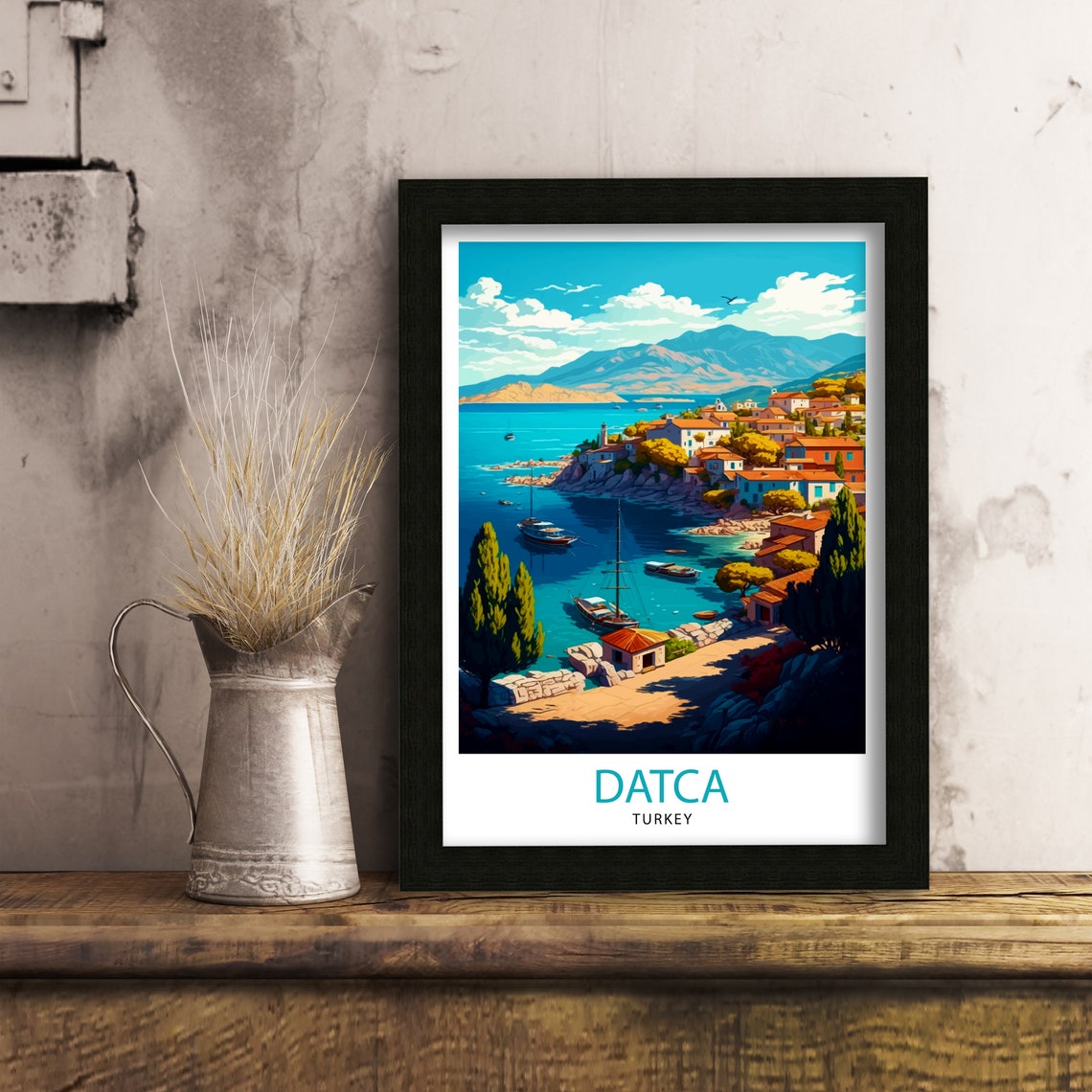 Datca Turkey Travel Poster Turquoise Coast Harbor Boats Retro Art - Image 3