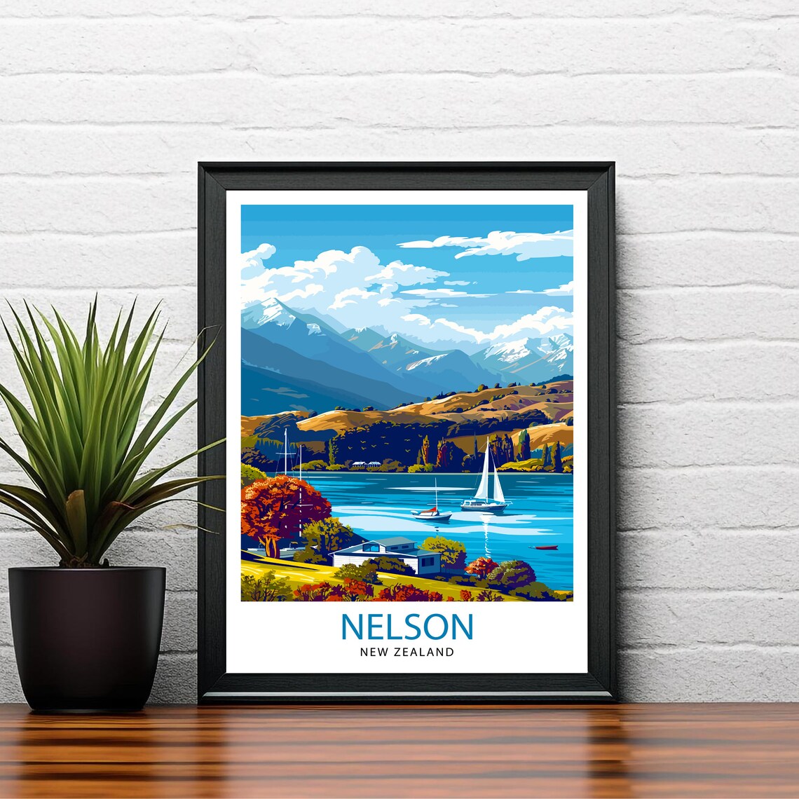 Nelson New Zealand Lake Boats Snowy Mountains Vintage Travel Poster - Image 2