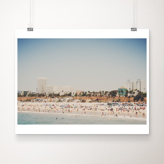 Santa Monica Beach Aerial Crowded Summer Shoreline Skyline Photo Poster