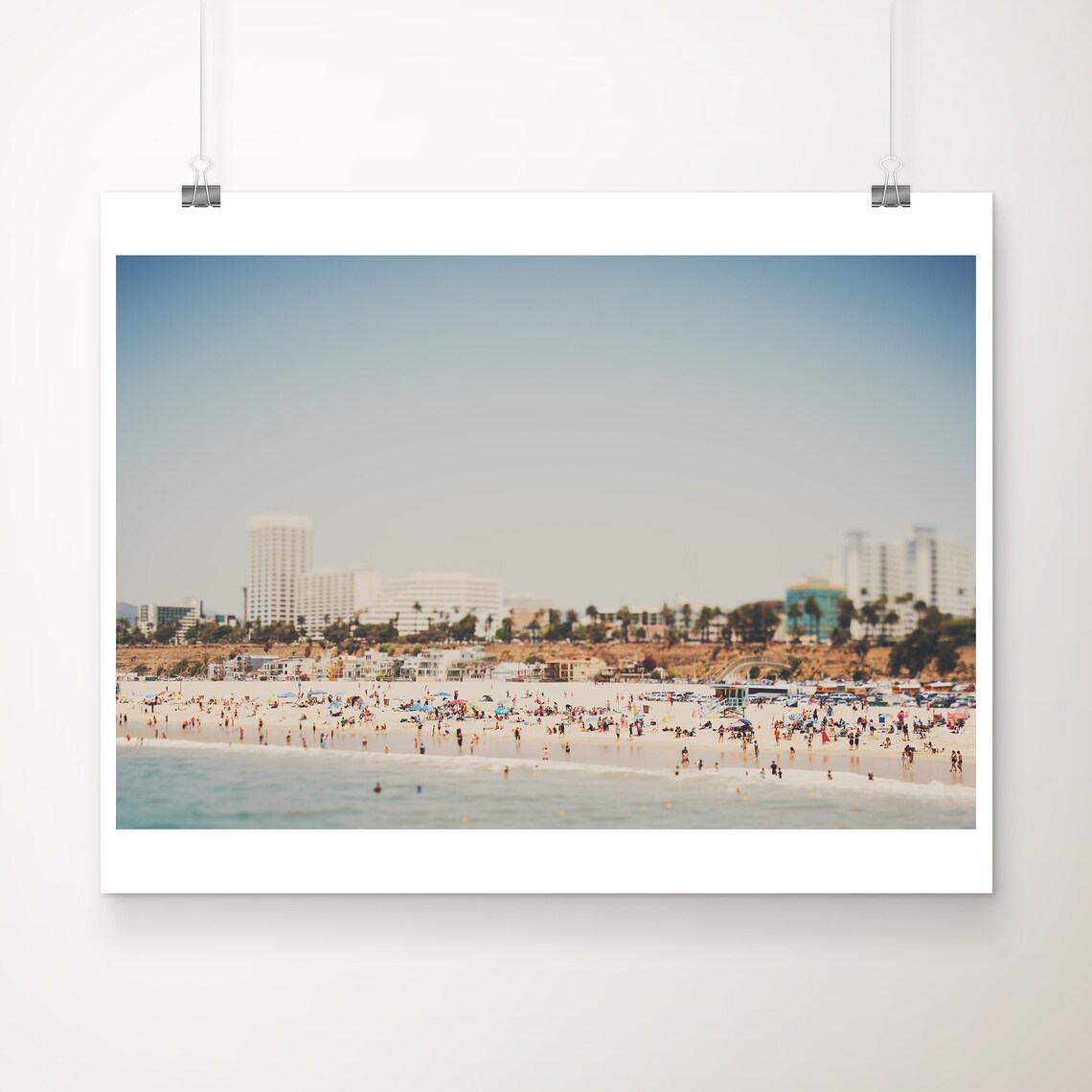 Santa Monica Beach Aerial Crowded Summer Shoreline Skyline Photo Poster