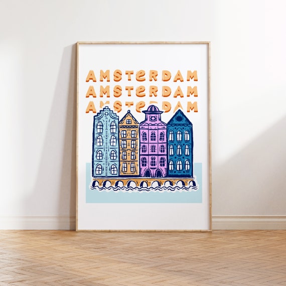 Amsterdam Illustration Art Print Gallery Wall Art Dorm Wall Art Office Wall Art Colorful Travel Illustration Wanderlust Poster