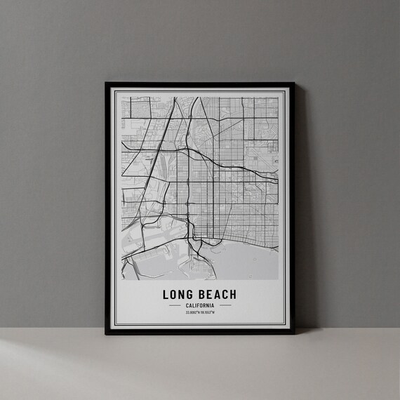 Long Beach California Minimalist Black White City Map Coordinates Art Print