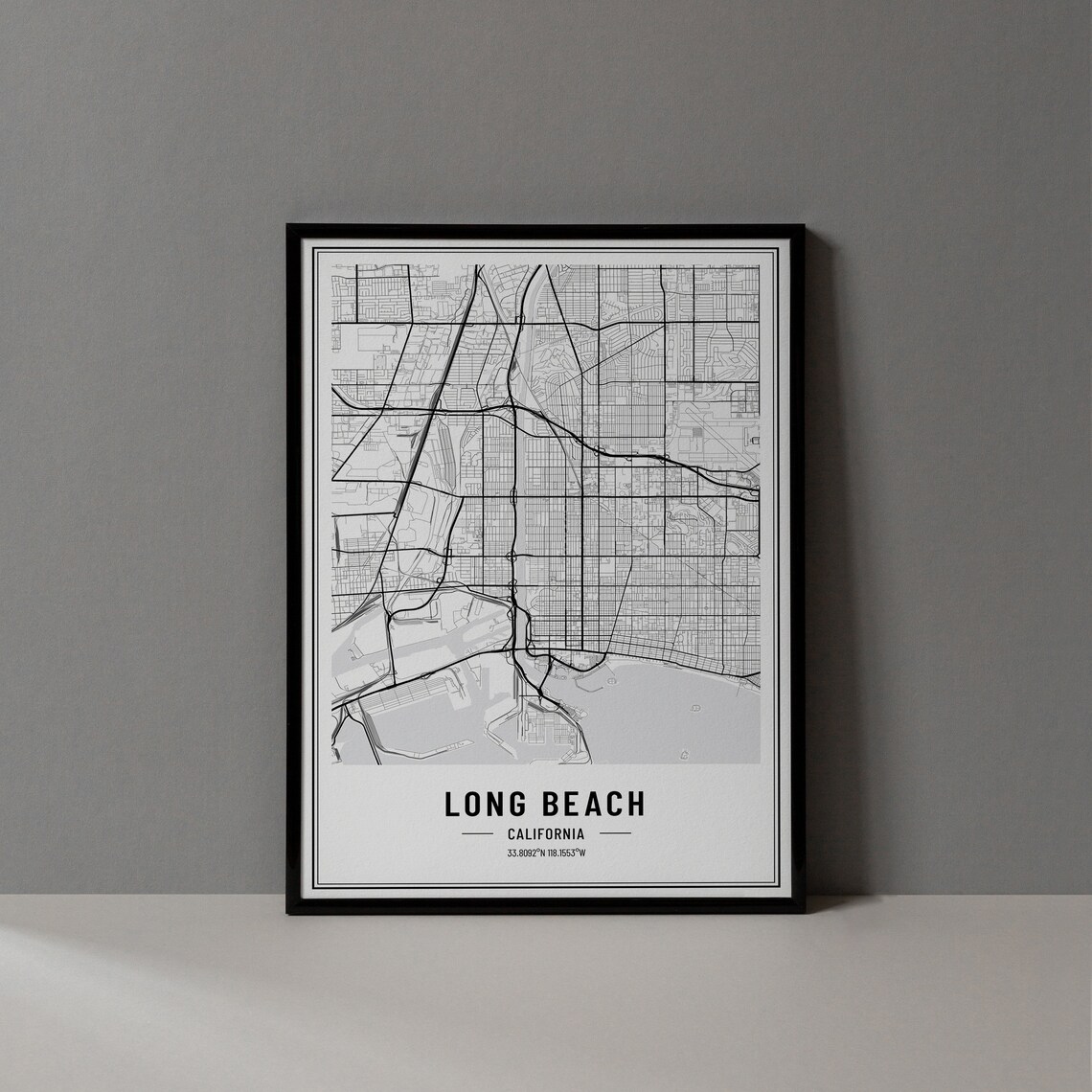 Long Beach California Minimalist Black White City Map Coordinates Art Print